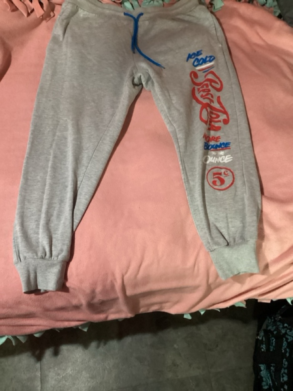 Pepsi Grey Sweatpants with Blue Drawstring and Red Graphic